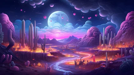 Foto auf Acrylglas Kürzen A surreal desert of luminescent sands dotted with glowing cacti, where giant, neon-hued serpents slither through the dreamy landscape under a shimmering moon