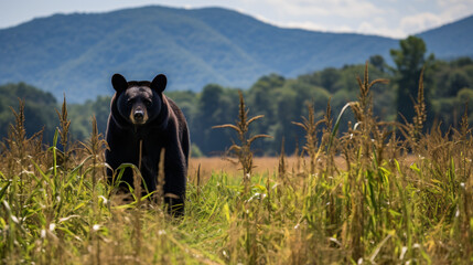 Black bear foraging in field Great Smoky mountain 