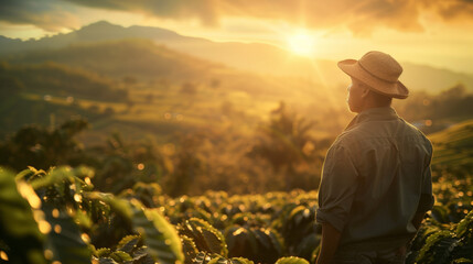 Fototapeta premium AI Generated Image: Farmer Working in Coffee Field at Sunrise