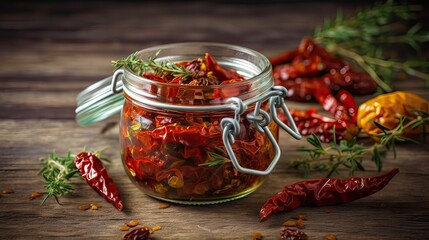 Sun dried tomatoes with fresh herbs and spices - obrazy, fototapety, plakaty