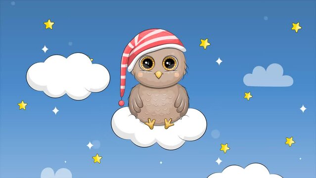 Cute cartoon owl in a nightcap on a cloud. Night animation of animal. Looped background.