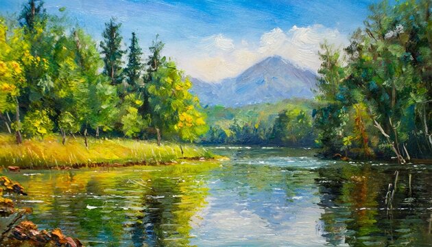 oil painting landscape lake in the forest