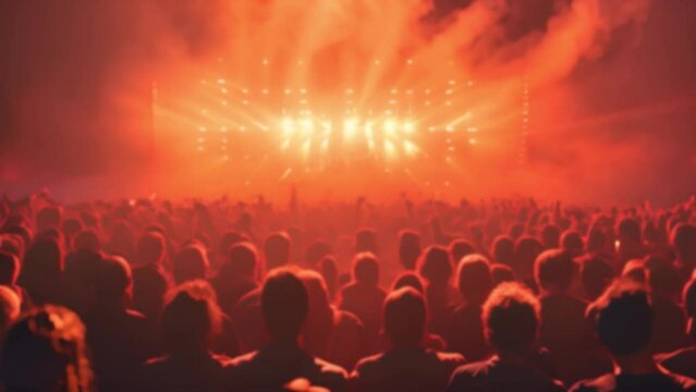 Rear back view of audience crowd people fans raising hands enjoying live music festival concert event rock band silhouettes performance sing on night club outdoor stage. 4k video blurred effect with c