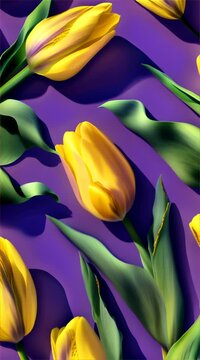 yellow tulips pattern on a bold purple background for spring