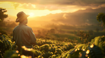 AI Generated Image: Farmer Working in Coffee Field at Sunrise