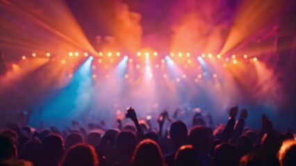 Rear back view of audience crowd people fans raising hands enjoying live music festival concert event rock band silhouettes performance sing on night club outdoor stage. 4k video blurred effect with c