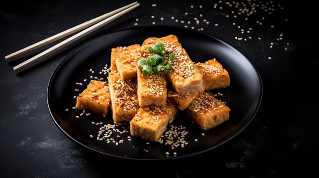 Fried tofu with sesame seeds and spices on black background