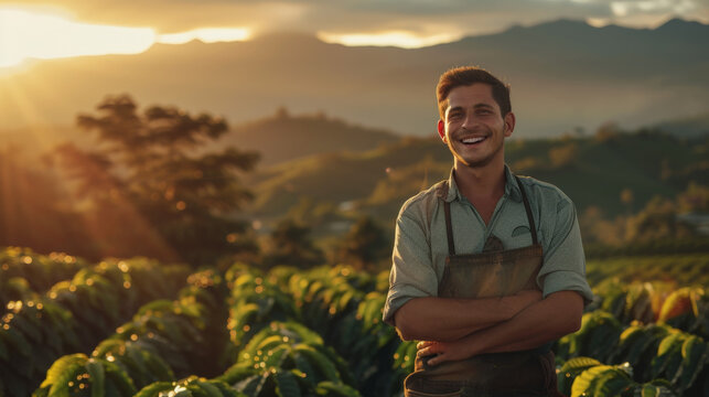 AI Generated Image: Farmer Working in Coffee Field at Sunrise