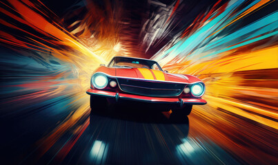 Poster illustration od Vintage beautiful car in movement with amazing background - obrazy, fototapety, plakaty