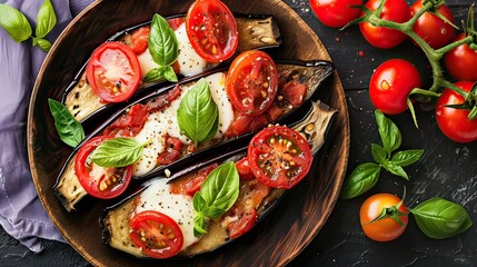 Baked eggplant with mozzarella cheese chopped tomatoes - obrazy, fototapety, plakaty