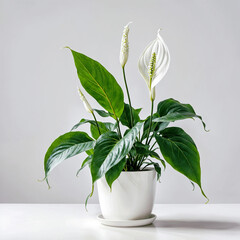 Peace Lily plant in a white pot, minimalist style on a white background. ai generative