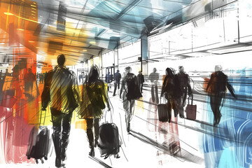 Dynamic Sketch of Busy Airport Terminal with Travelers in Motion – Ideal for Representing Travel, Motion, and Urban Life - obrazy, fototapety, plakaty
