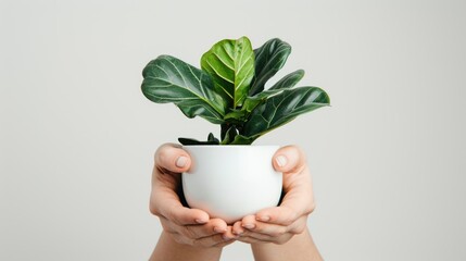  a person holding a white cup with a green plant in it and two hands holding a white cup with a green plant in it and two hands holding a white cup.