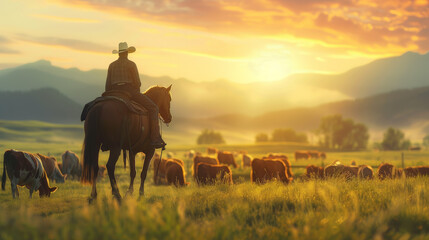 AI Generated Image: Rancher Working in Field on Horseback Herding Cattle at Sunrise