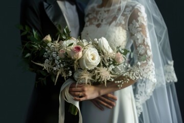 unrecognizeable bride groom wedding holding flower bouquet