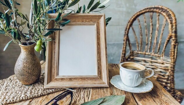 closeup of picture frame poster mockup vase with olive tree branches on wooden table blurred rattan chair cup of coffee books summer artistic mediterranean interior working space home office