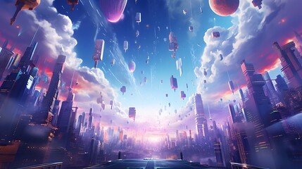 A vibrant cityscape of upside-down skyscrapers, with gravity-defying vehicles navigating the surreal streets above, against a backdrop of swirling nebulae - obrazy, fototapety, plakaty