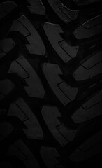 New rubber black car tire with modern tread for black background, abstract background and texture. beautiful patterns, space for work,elegant wallpaper,close up, Vertical.