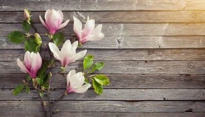 background with magnolia flowers on wall of wooden planks