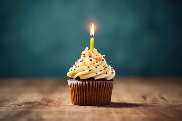 A cupcake adorned with a flickering candle, Ai generated