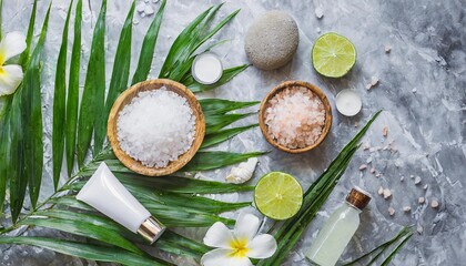 Fototapeta na wymiar spa treatment concept natural organic spa cosmetics products sea salt and tropic palm leaves on gray marble table from above spa background with a space for a text flat lay top view