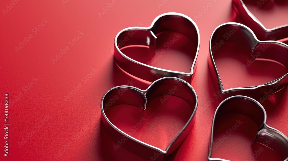 Poster a group of heart shaped cookie cutters sitting on top of a red surface with one cut in half and the 