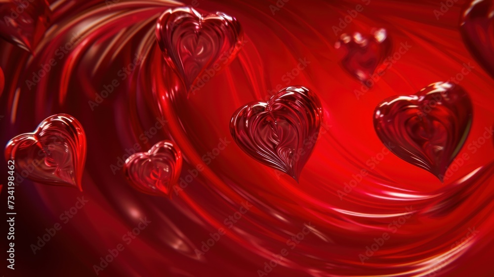 Poster a bunch of red hearts floating in the air on a red and black background with swirls of light and sha