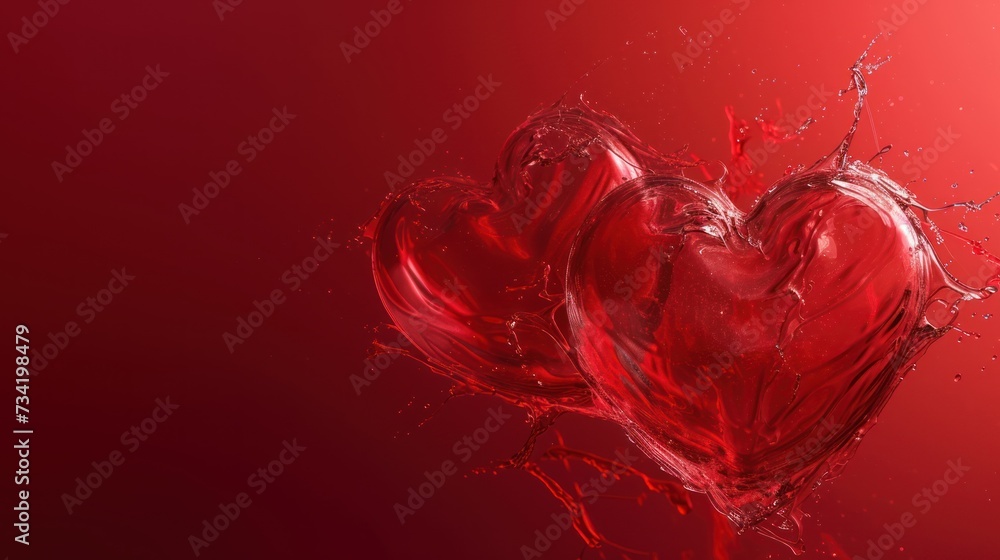 Poster a close up of a red heart shaped object with water splashing on it's sides and a red background with