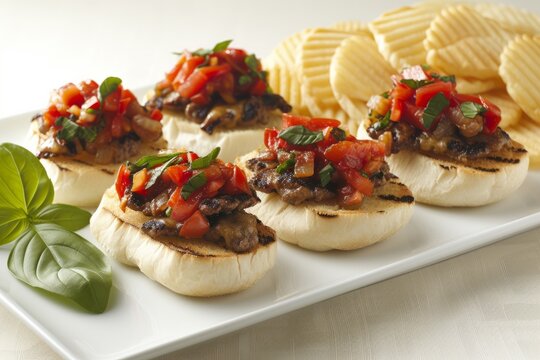 mini sandwiches with meat and tomatoes on a plate with potatoes. the concept of catering