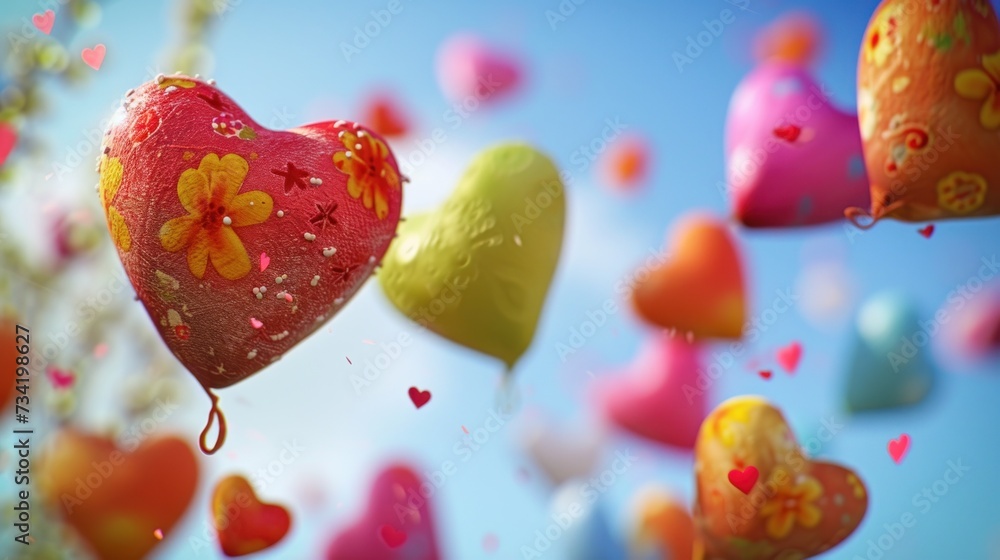 Poster a bunch of heart shaped balloons floating in the air with hearts floating in the air in front of a b