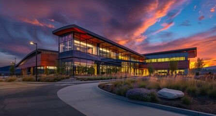 Sunset reflections on modern office building facade. Business center under evening sky. Dusk at the corporate hub.