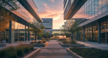 Sunset reflections on modern office building facade. Business center under evening sky. Dusk at the corporate hub.