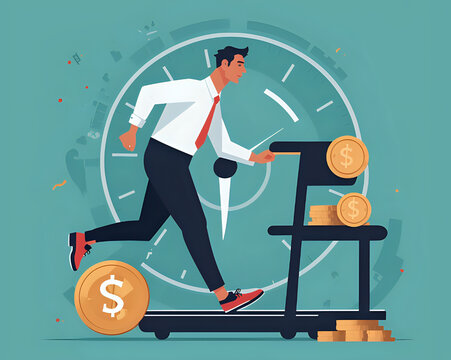 a man running on a treadmill with a clock in the background, chasing money.