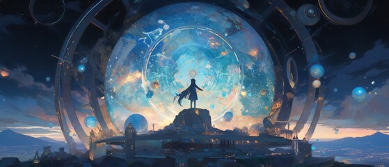 A celestial observatory atop a mountain, blending science fiction with the beauty of the cosmos. Anime characters stargaze, surrounded by holographic constellations and futuristic telescopes.  - obrazy, fototapety, plakaty