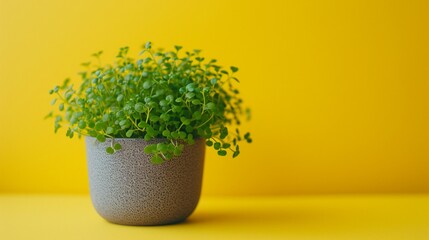Gray pot with funny face in which grows watercress microgreens on yellow background. Springtime home gardening concept. Healthy eco food. Copy space, minimalism