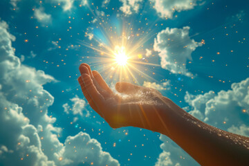 Sunlit Gesture: Hand in Blue Sky