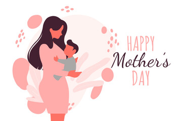 Vector Illustration Of Mother Holding Baby Son In Arms. Happy Mother`s Day Greeting Vector Illustration Of Mother Holding Baby Son In Arms. Happy Mother`s Day Greeting Card.