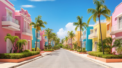 Fototapeta na wymiar Empty streets in Cap Cana village with colorful houses