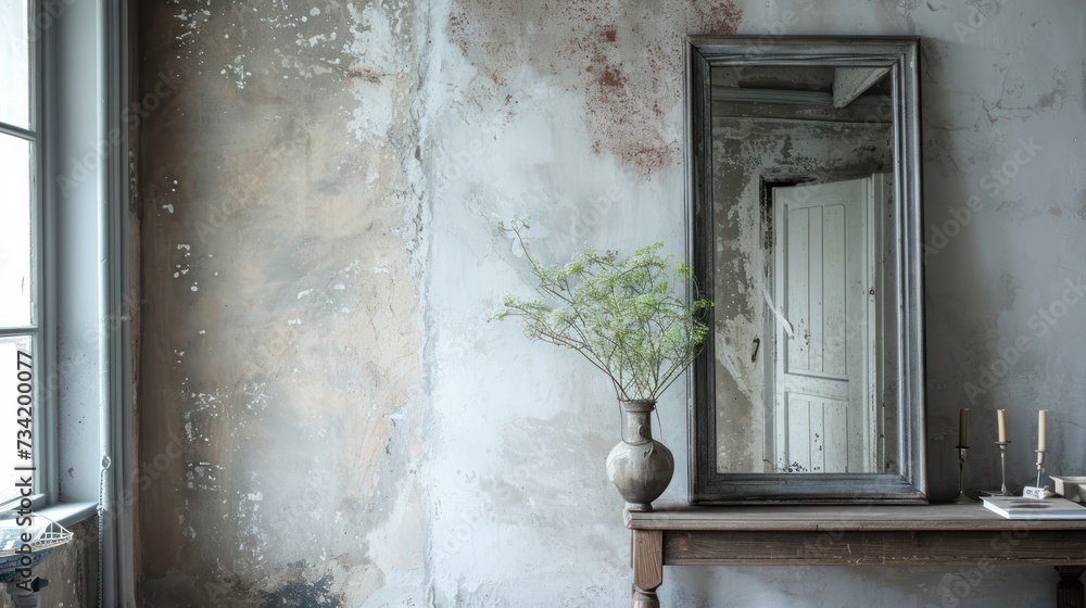 Poster a vase with a plant in it sitting on a table in front of a mirror and a table with a candle and a va