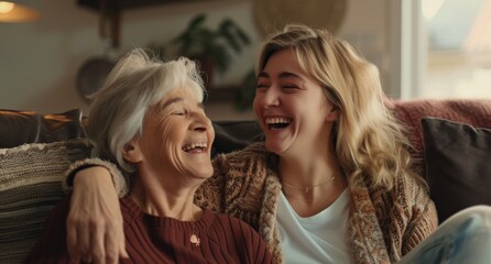Obraz na płótnie Canvas Elderly mother and adult daughter embrace posing at home, laughing, hugging, enjoying warm family relationship, generational joy, bonding.