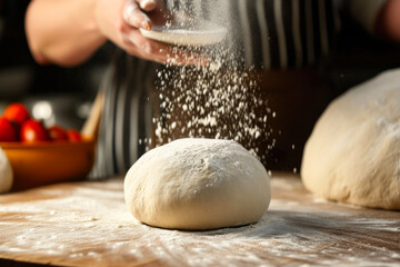 Dough on wooden board dusted with flour
