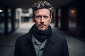 Portrait of a handsome middle-aged man in a black coat and scarf.