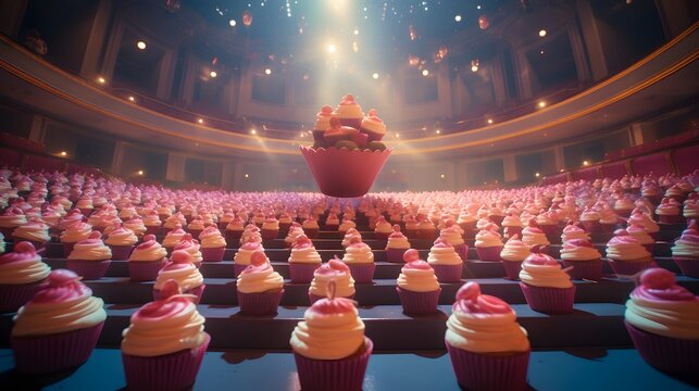 Floating, talking cupcakes hosting a sweet symphony in a sugary-sweet concert hall