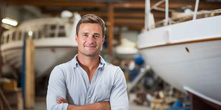 Bootsbauer am Arbeitsplatz schaut in die Kamera, im Hintergrund Boote