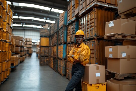 Smiling black worker with box in warehouse looking at the camera 