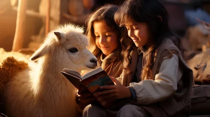 Foto auf Leinwand indigenous girls reading a book next to a llama © Franco