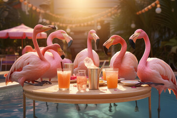 With their characteristic elegance, flamingos perch by the poolside to soak up the sun's rays