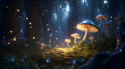 Frolicking fireflies illuminating a secret garden filled with enchanted mushrooms and pixie dust - obrazy, fototapety, plakaty