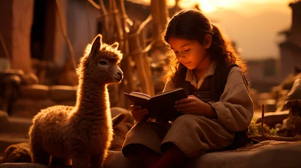 Zelfklevend Fotobehang indigenous girl reading a book outdoors next to a llama © Franco