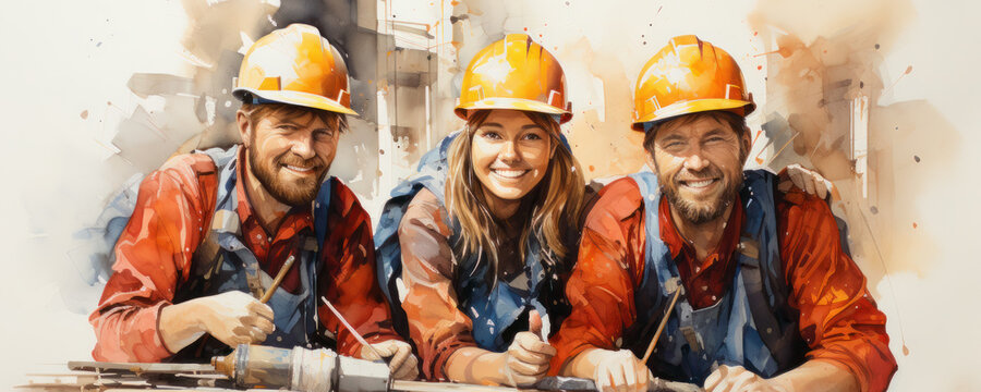 Smiling builders in work clothes and helmets on their heads look at the camera